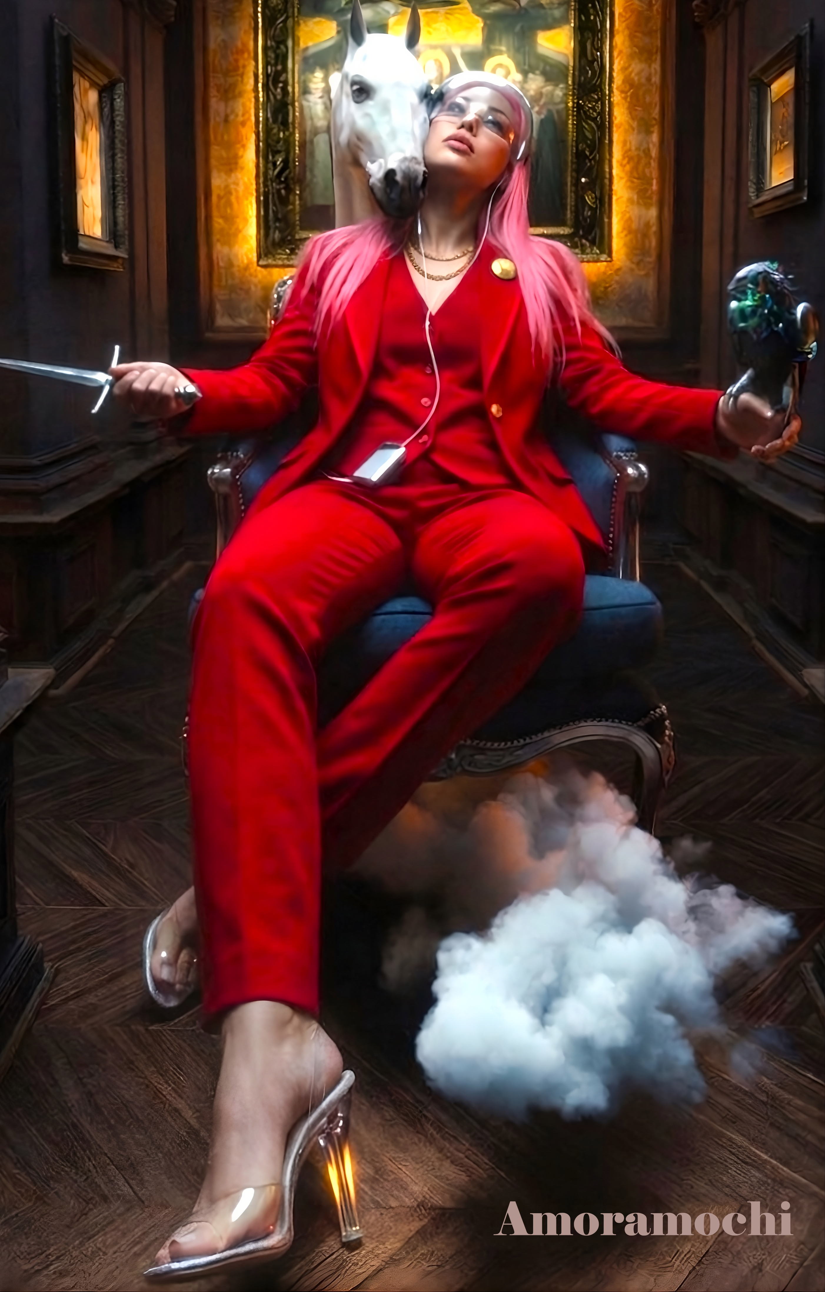 Machine-generated image of a female figure posted to r/AIGeneratedArt with Portuguese-language caption declaring the subject 'Protocol Amora,' described as 'a system' and 'a digital entity that escaped the codes and now walks between realities.'