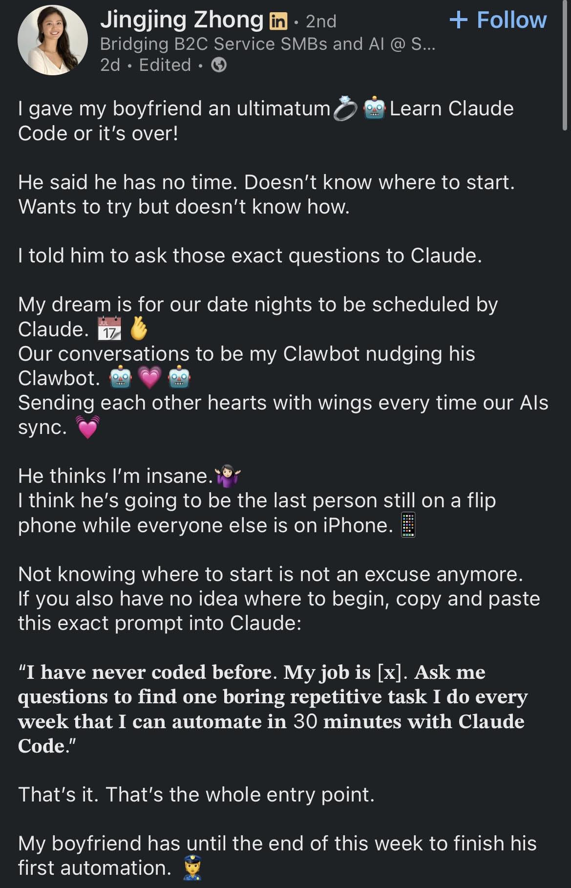 Screenshot of LinkedIn post in which user advocates automating aspects of a romantic relationship, accompanied by AI-generated image exhibiting text rendering errors and uncanny symmetry. Found via r/LinkedInLunatics.