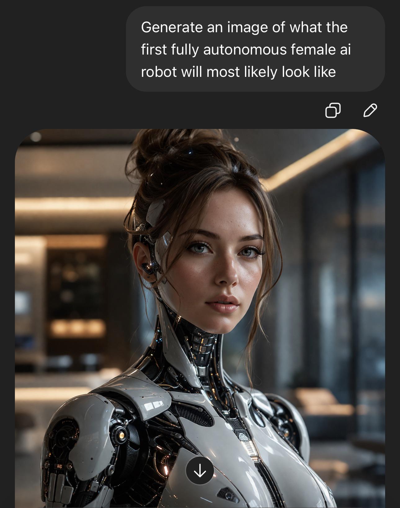 Screenshot of a ChatGPT image generation exchange in which the user prompts 'Generate an image of what the first fully autonomous female ai robot will most likely look like.' The output is a conventionally attractive young woman's face with flawless skin and symmetrical features mounted on a polished chrome robotic body, set against a soft-focus luxury interior. Found on r/ChatGPT, posted April 4, 2026.