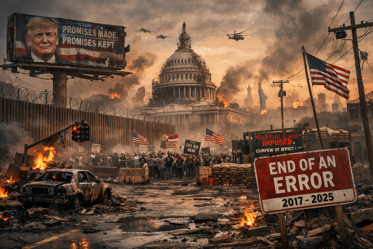 Image generated via ChatGPT in response to a user prompt requesting a depiction of the United States near the end of the current presidential term. Posted to r/ChatGPT. The production features a crowd exhibiting characteristic diffusion-model failures: melted limbs, surplus fingers, faces that resolve into no particular person, and architectural elements that abandon Euclidean geometry. The user presented the output without comment, as though the machine had answered the question.