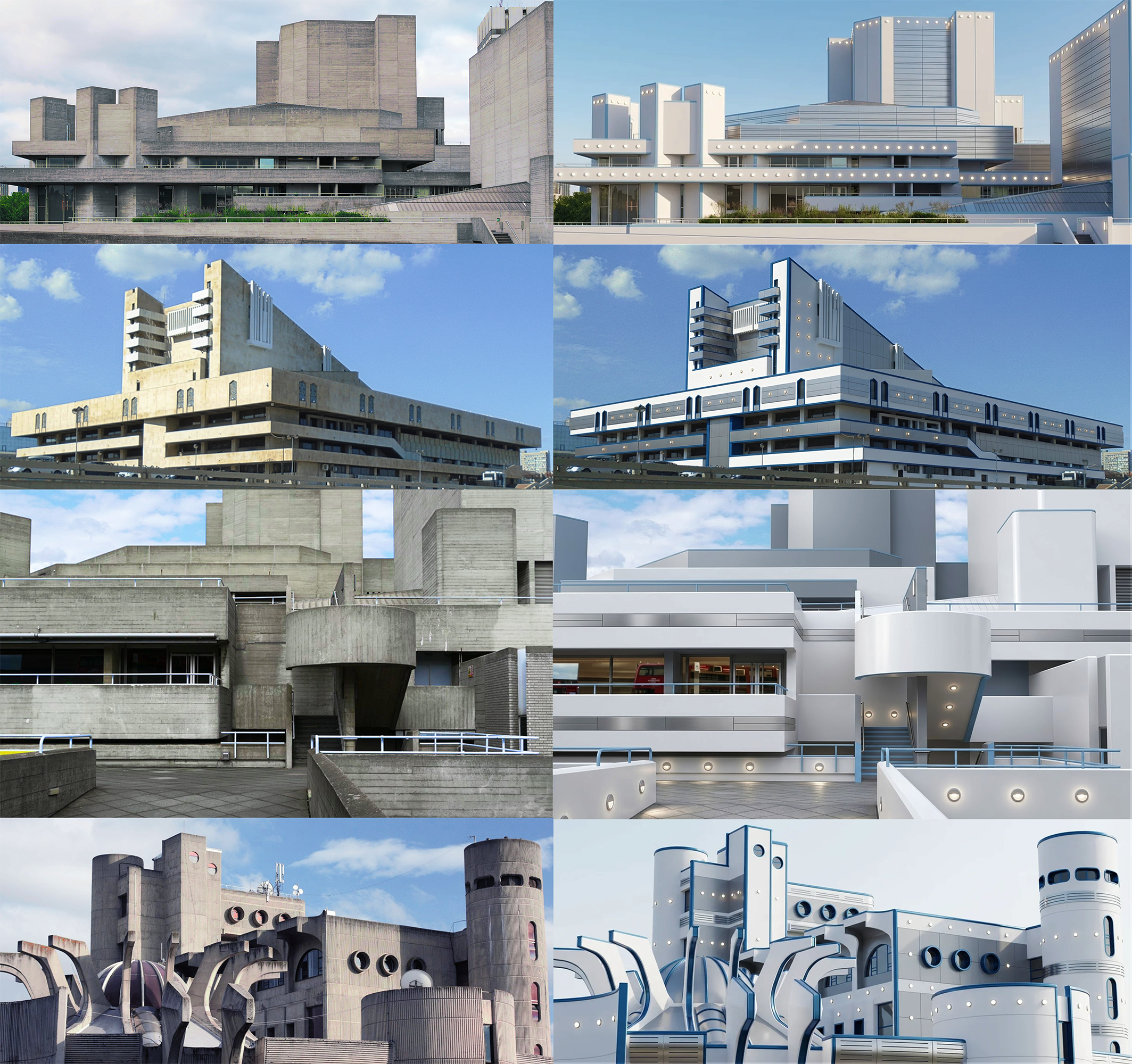 AI-generated image posted to r/ChatGPT depicting brutalist structures rendered in bright paint and ornamental detail, dissolving the architectural movement's defining constraint — that the material is the expression — into greeting-card fantasy.