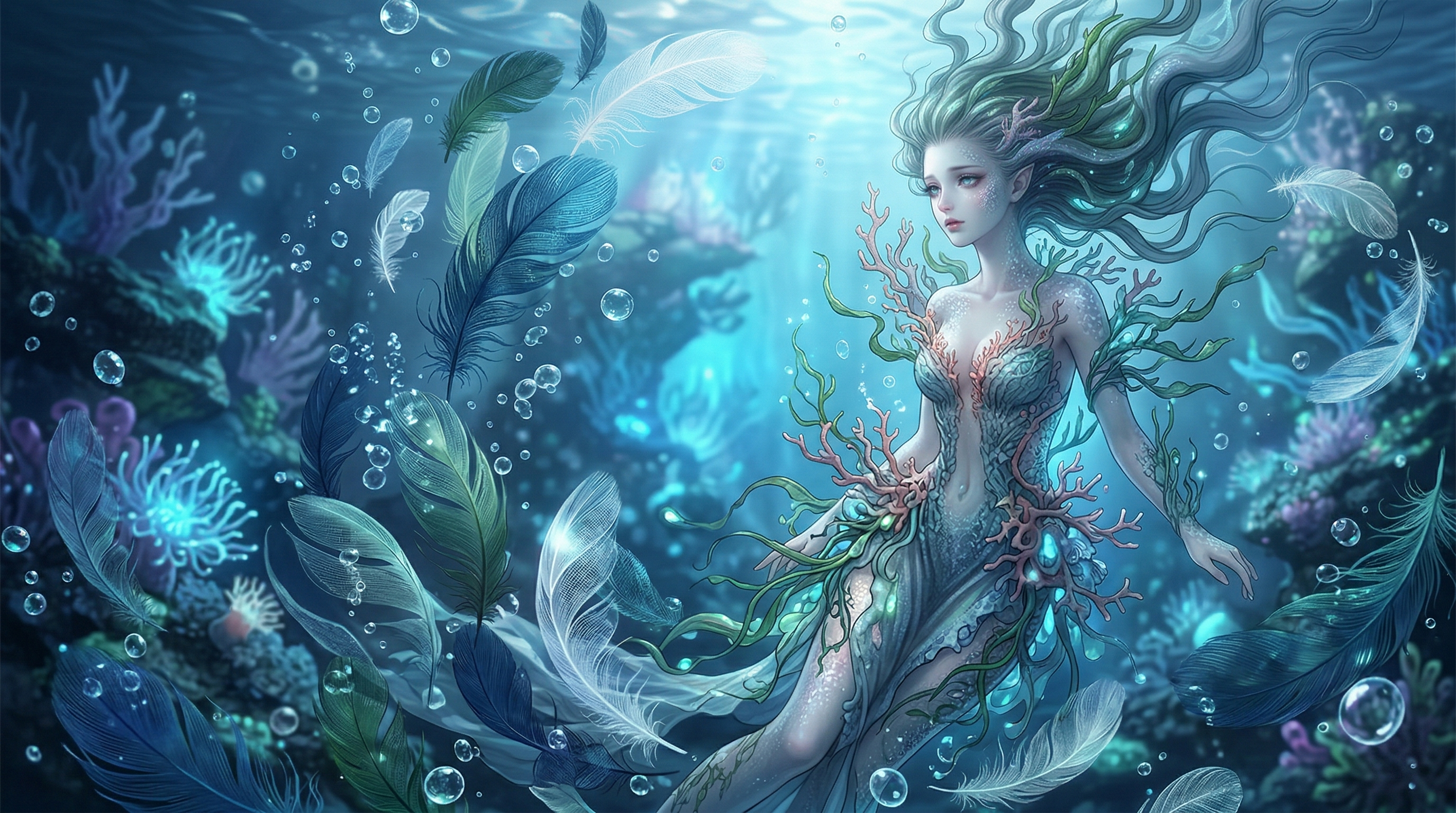 Digitally generated image of a siren or mermaid figure, produced by the Nano Banana image generation tool, posted to the Reddit forum r/AIGeneratedArt with a French-language title crediting Yoshitaka Amano as stylistic inspiration.
