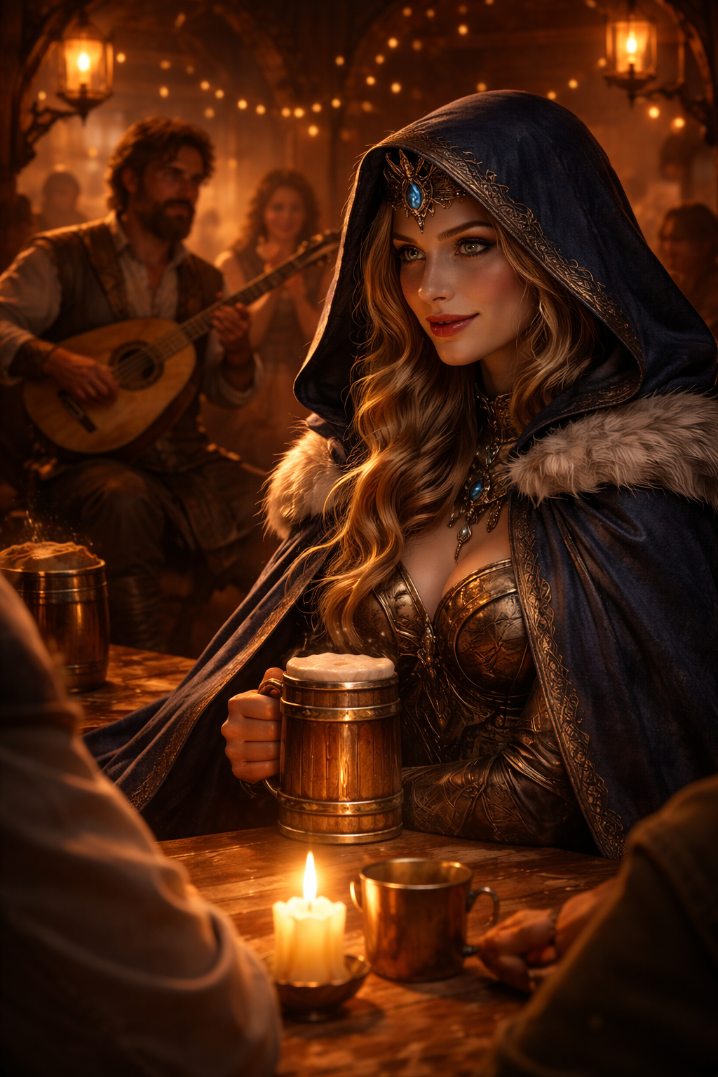 AI-generated image submitted to r/AIGeneratedArt depicting a female royal figure in apparent tavern disguise, produced by probable Midjourney generation. Forensic analysis confirms high confidence of machine origin, noting inconsistent shadows, glossy surface texture, and uncanny bilateral symmetry.