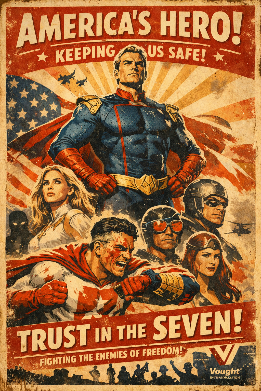 Image posted to r/AIGeneratedArt depicting characters from the Amazon television series 'The Boys' in the visual idiom of a 1950s commercial illustration or film poster, produced by an unidentified image-generation system. The operator's title emphasizes the brevity of the production process.