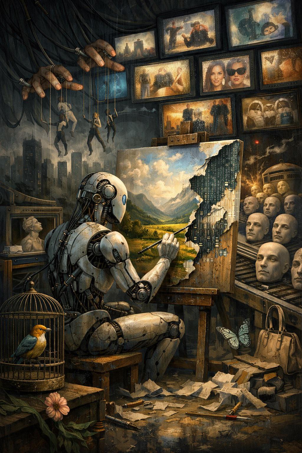 AI-generated image posted to the Reddit forum r/ChatGPT under the title 'Made AI Generate Its Own Criticism,' depicting a robot figure alongside a painted work, with visible joint deformities, inconsistent surface rendering, and objects unmoored from gravity.