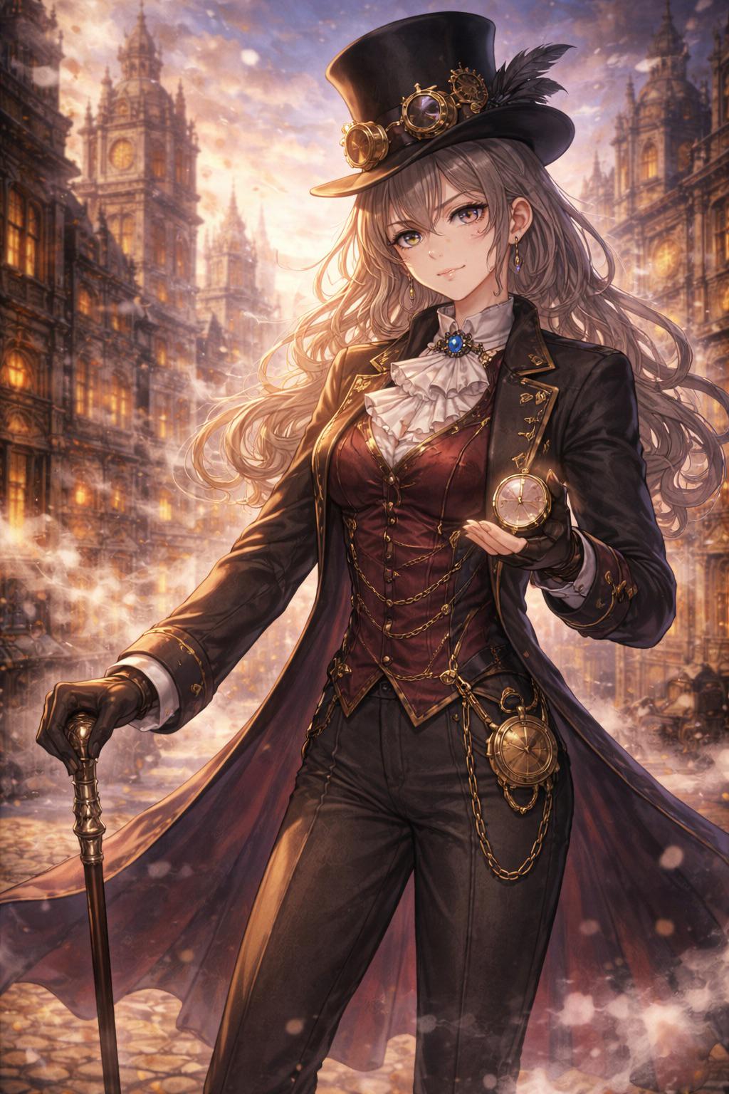 A midjourney still posted to r/AIGeneratedArt under the title "The Woman Who Owns the Last Minute of the City," exhibiting a supernumerary digit, inconsistent shading, and the uncanny bilateral symmetry characteristic of the model.