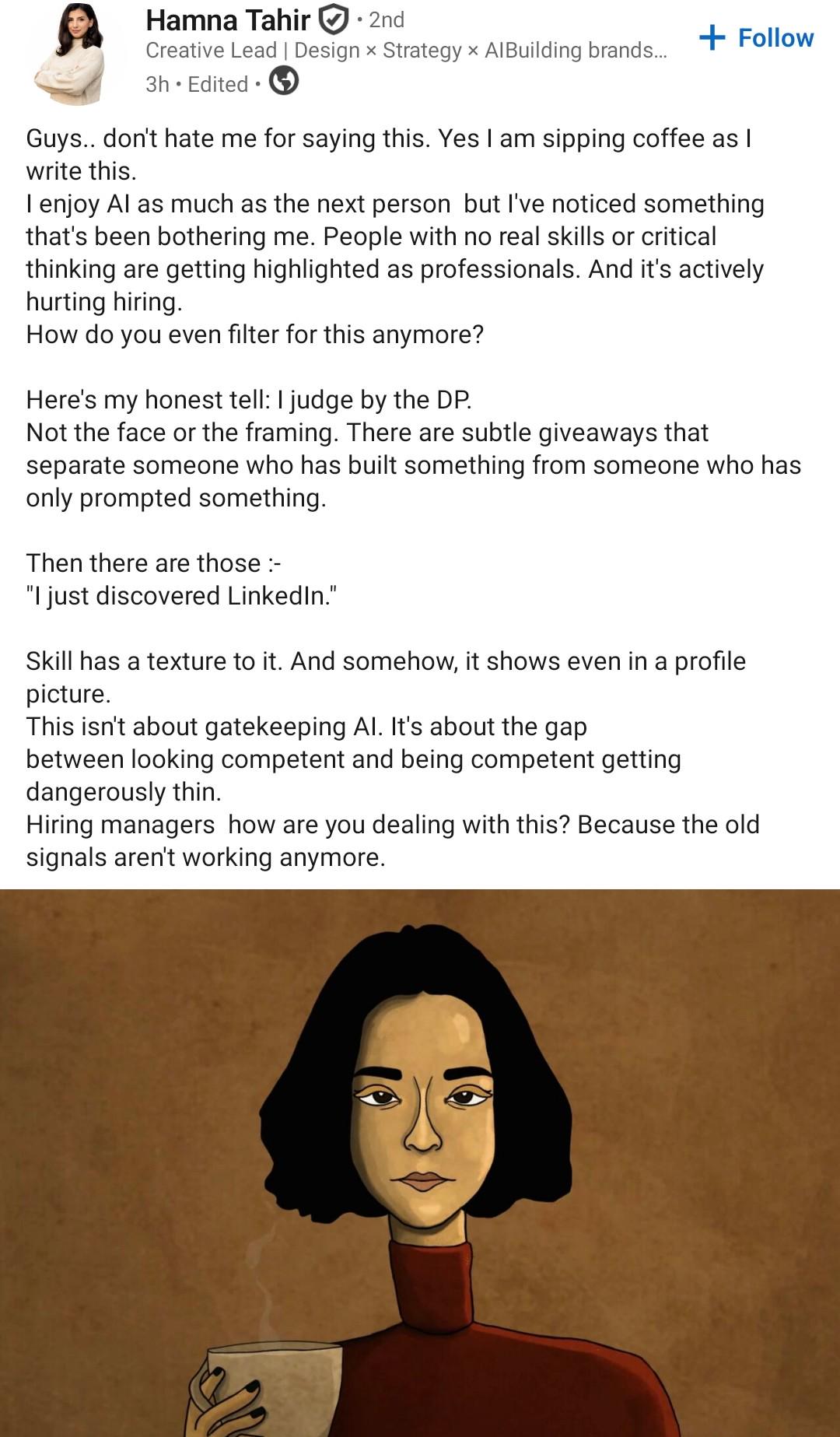 Screenshot of LinkedIn post in which a recruiter or hiring manager announces the practice of evaluating job applicants' critical thinking capacity based on whether their profile photograph appears to be machine-generated. Found on r/LinkedInLunatics.