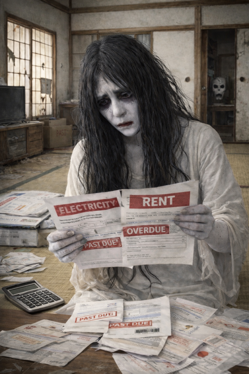 Image posted to r/ChatGPT depicting a purported AI-generated rendering of Kayako Saeki, the vengeful apparition from Takashi Shimizu's 'Ju-On' franchise, shown in a domestic interior after supposedly frightening away all residents.