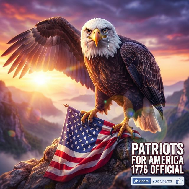AI-generated patriotic eagle with anatomical and vexillological errors. Recovered from Facebook, account "Patriots For America 1776 Official," March 14, 2026. The eagle has seven talons. Neither the eagle nor the account appears to have noticed.